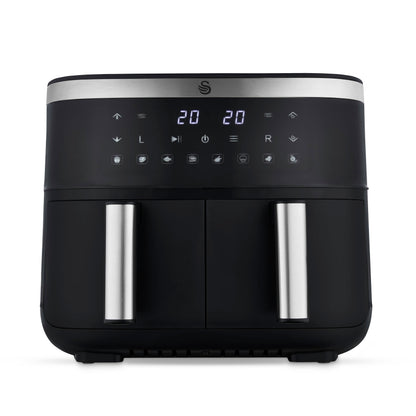 Swan SD10518BLK Dual Basket Digital Air Fryer with Swan Cyclone Technology, 8 Pre-Set Cooking Options, Adjustable Temperature, 7.6L, 2850W, Black