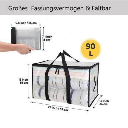 Mesiria 4 Pack 91L Clear Clothes Storage Bags with Lids, Heavy Duty Moving Bags with Zips & Reinforced Handles