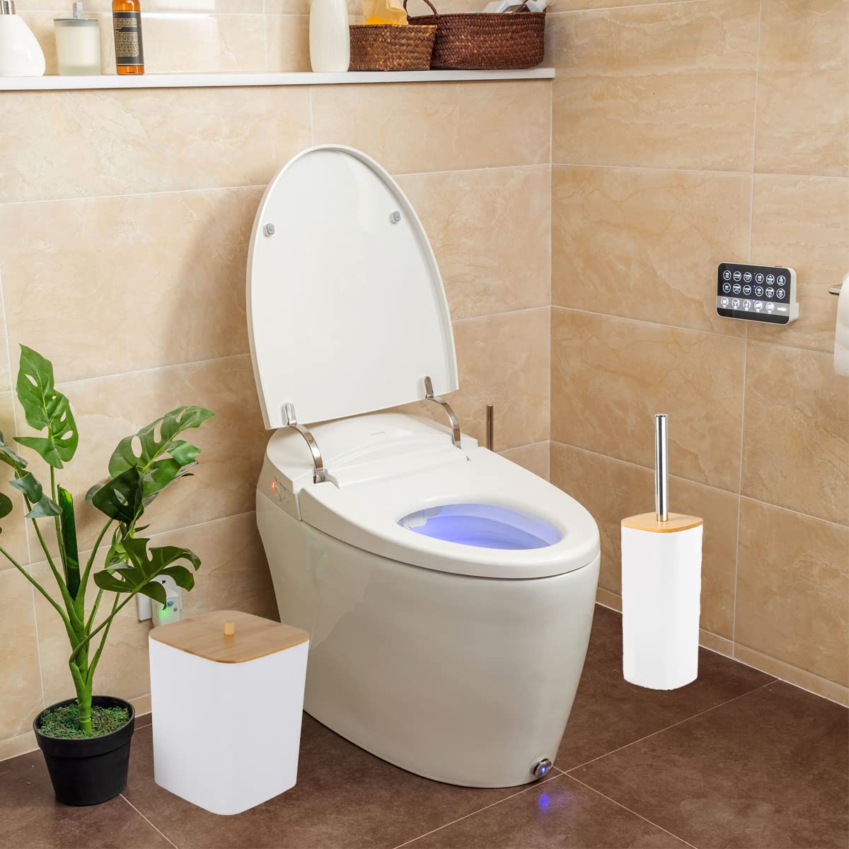 JETAINE 6 Pieces Bamboo Bathroom Accessories set, Luxury Modern Bathroom Accessory Bath Set, White Toilet Accessories w/Trash Can