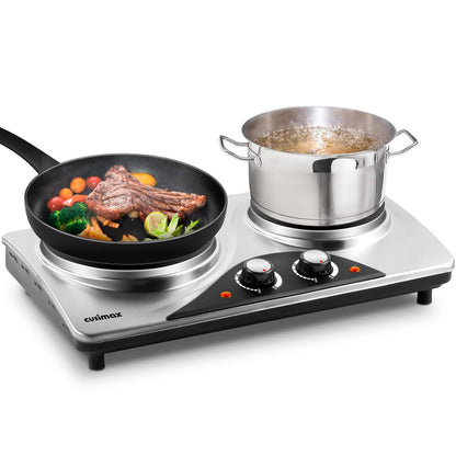 Double Hot Plate, CUSIMAX Electric Hot Plate for Cooking Portable Electric Hob, Cooktop Table Top Hob with 2 Cast Iron Portable Hob Rings Electric