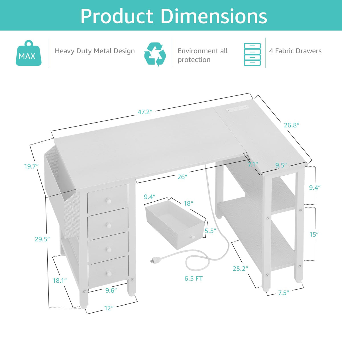 Lufeiya White L Shaped Computer Desk with Drawers & Storage Shelves, 120CM Corner Reversible Desk with UK Power Outlet for Home Office Bedroom