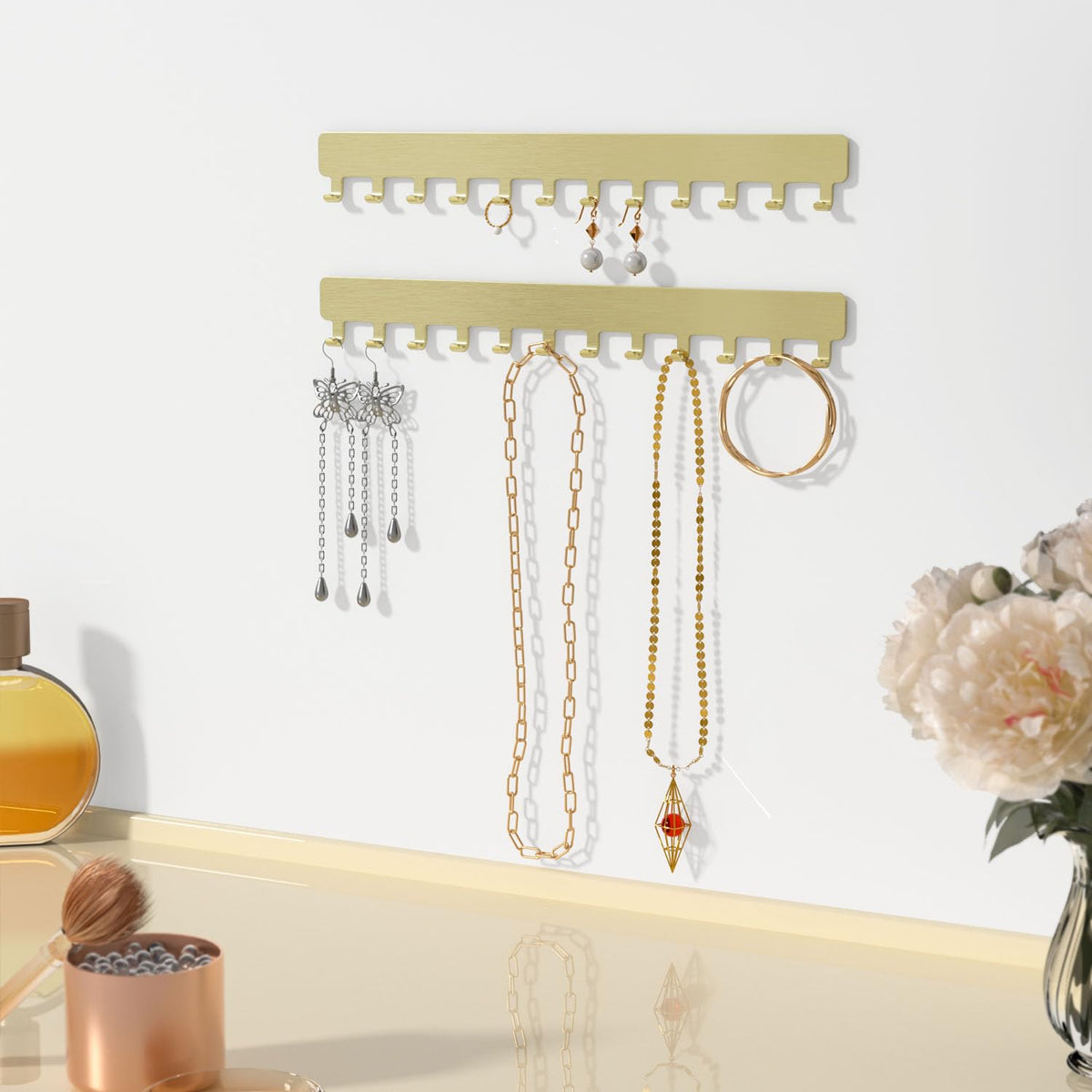 Josmimic Wall Necklace Organizer Holder: Wall Mounted Jewelry Hanging Storage Necklaces Display Hanger Gold 2 PCS