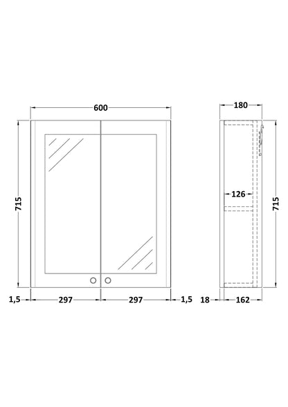 nuie CLA1417 Classique Traditional Bathroom Wall Hung 2 Door Mirror Cabinet, 600mm, Soft Black