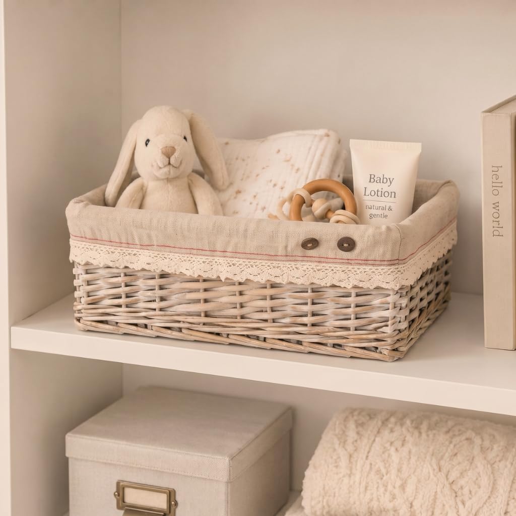 Woodluv Storage Baskets, Storage baskets for shelves woven, Storage Boxes Large, Wicker Storage Organiser Basket, 45 x 32 x 16 (H) cm