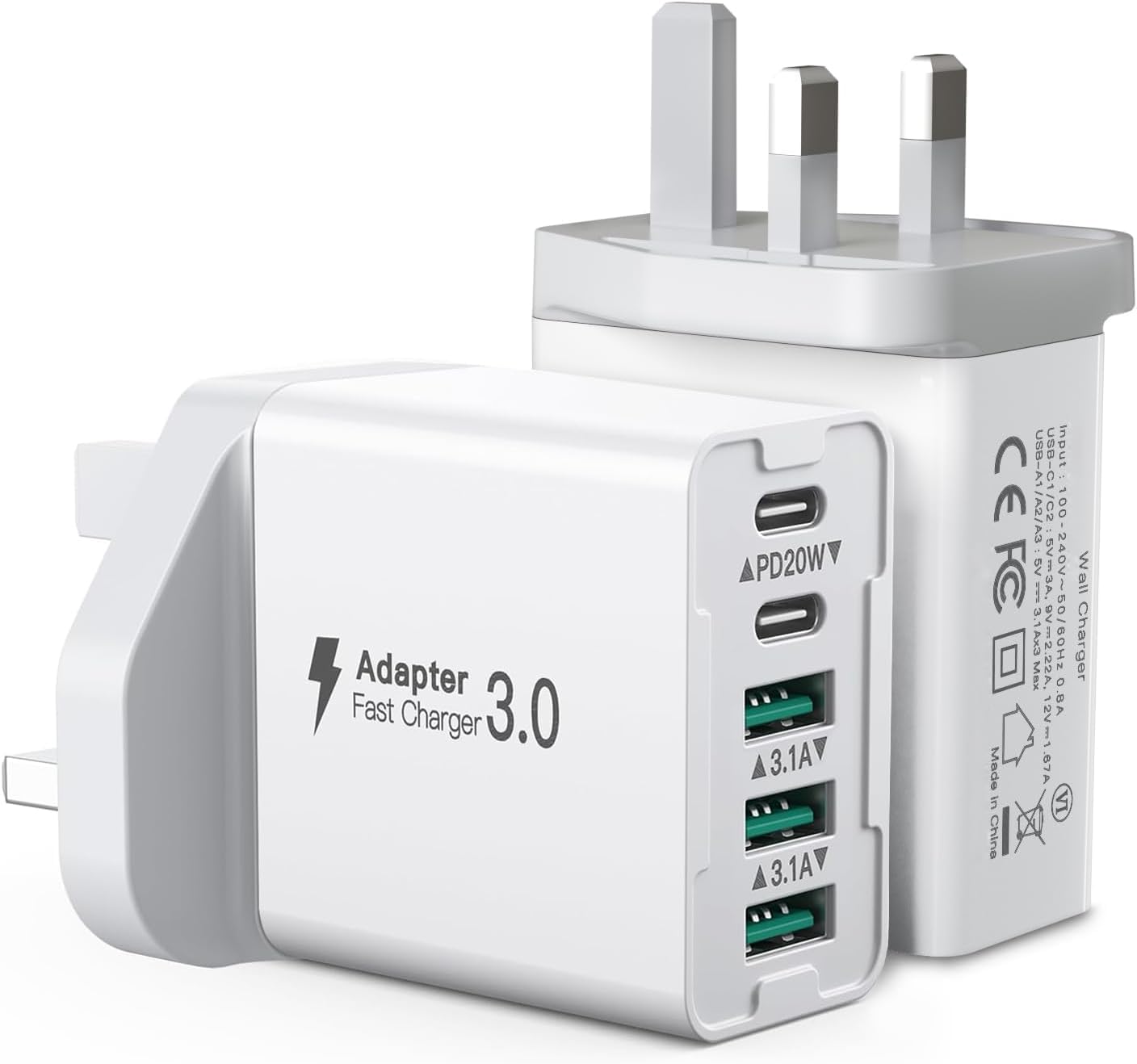 [2 Pack] USB C Plug, 50W 5-Port Fast Charger Plug UK Type C PD Power Adapter Wall Charger Block Compatible with iPhone 16/15/14/13/12/11/Galaxy S24