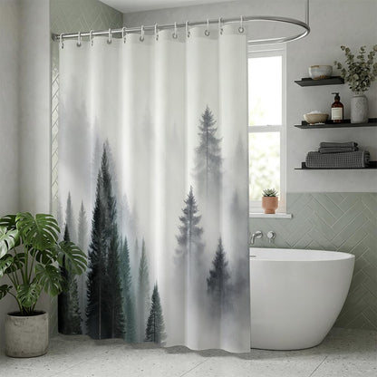 Rohxyzo Washable Shower Curtain with Hooks, Wet Room Shower Curtain 180 x 180 cm, Ink Art Misty Forest Print