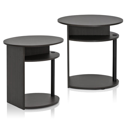 Furinno JAYA Side Table Set of 2, 3-Tier Round End Table with Oval Tabletop, Night Stand, Bedside Table with Open Shelf, for Living Room, Bedroom