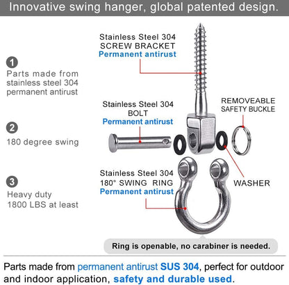 BeneLabel Hammock Bolt 6Pcs Hammock Fixings, Antirust SUS304 Swing Brackets for Wood 816Kg Capacity, Indoor Outdoor Playground Yoga Hammock Chair
