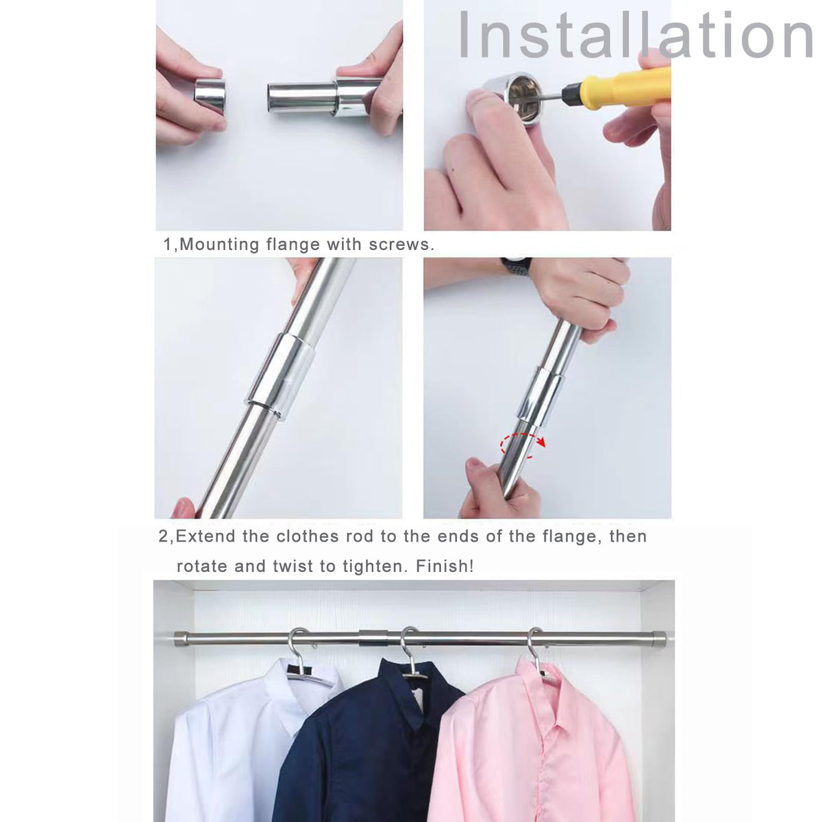 GSHUR 60-95cm Extendable Wardrobe Rail, Stainless Steel Clothes Rail Pole with Screws, Adjustable Wardrobe Rail for Wardrobe, Shower, Balcony, Windows