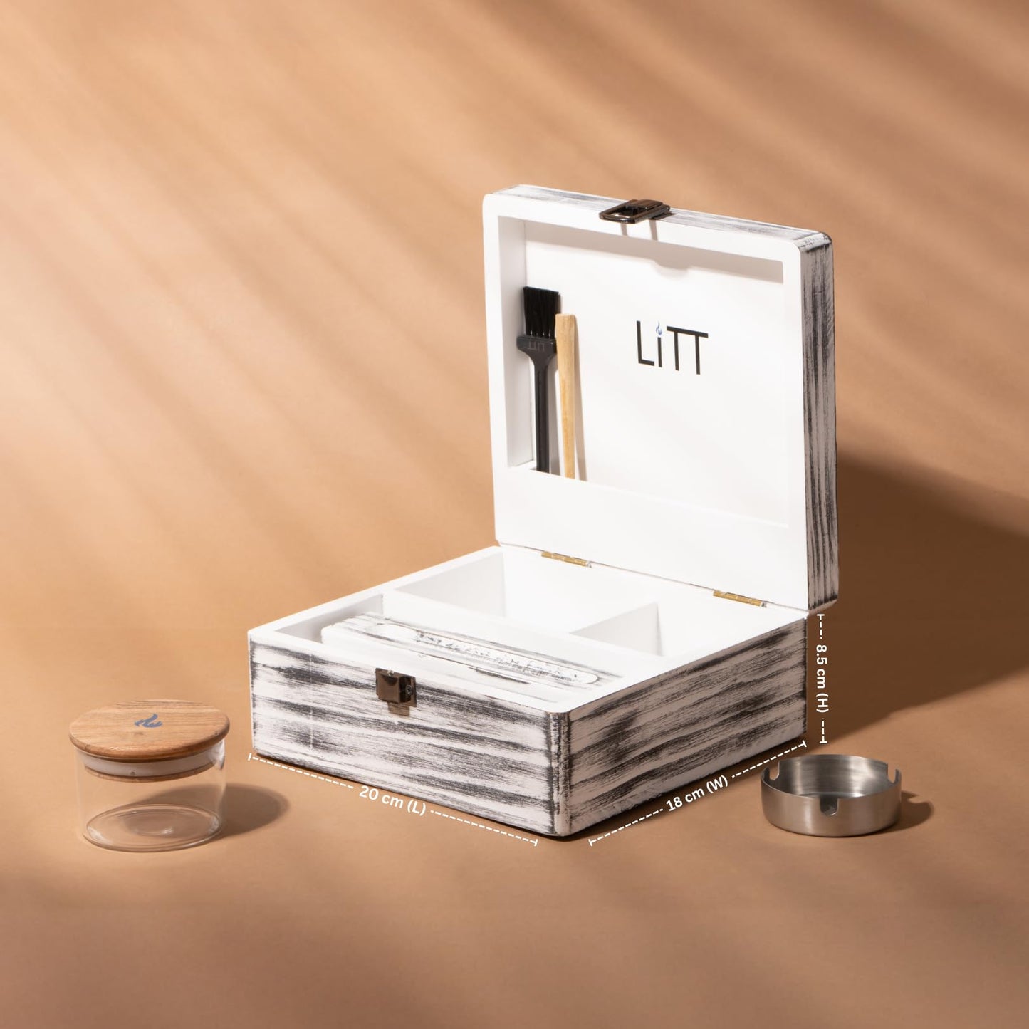 LITT Small Stash Box – Premium Wooden Storage Organiser with Lock, Airtight Smell-Proof Container, Resealable Mylar Bags, Rolling Tray & More