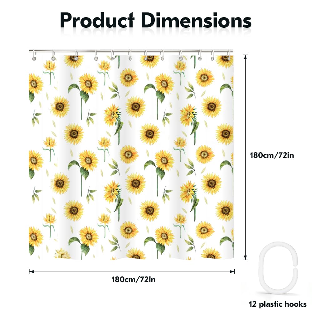 Rohxyzo Watercolour Sunflower Shower Curtain, 180 x 180 cm, Polyester Fabric Bathroom Curtain with 12 Hooks