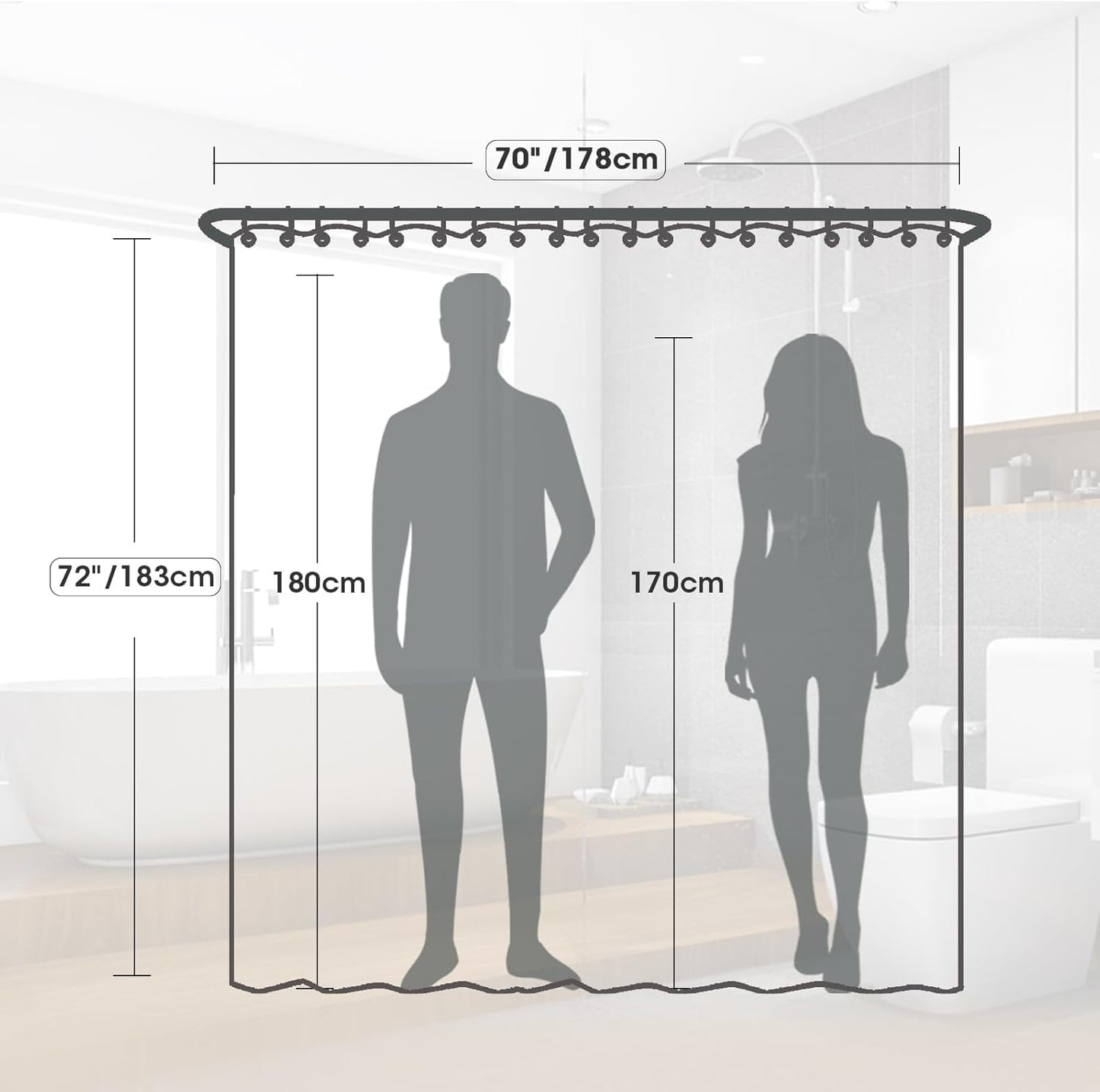 TGYIMENG Shower Curtain for Bathroom - Mould and Mildew Resistant - Grey, 180 x 180 cm (71 x 71 Inch) Water Repellant PEVA Fabric