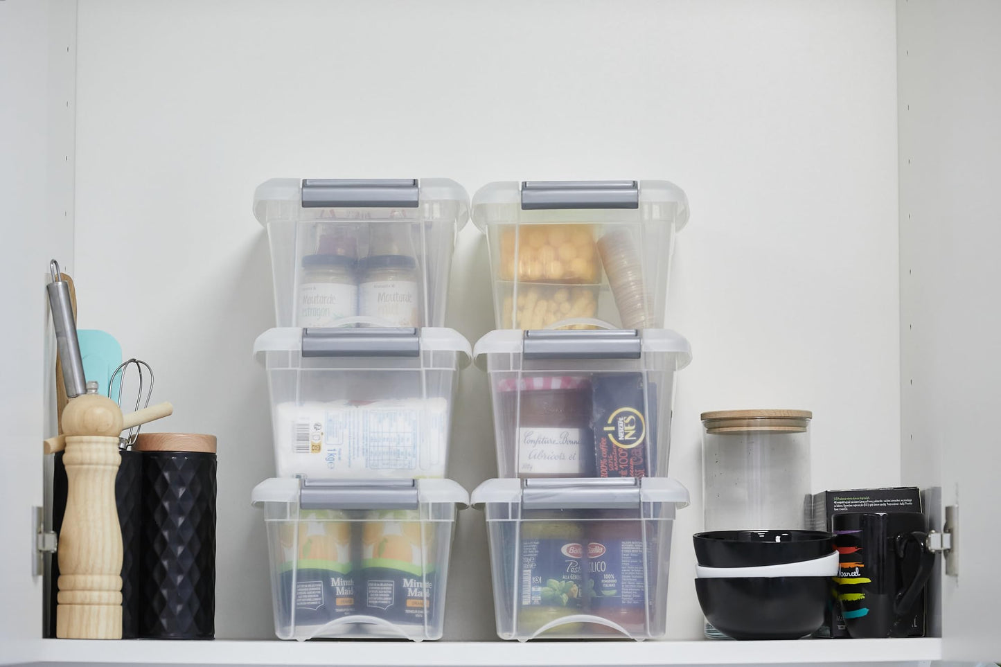 Iris Ohyama Storage Boxes with Lids, 5L, Set of 6, Silver, Secure Buckles, Stackable, Pull-Handles, For Bedroom, Closet, Office, Organisation
