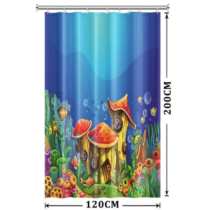 Xiaoterna Summer Fairy Tale Underwater World Shower Curtain Blue Ocean Mushroom House Nautical Waterproof Bathroom Curtain Fishes Floral Coral
