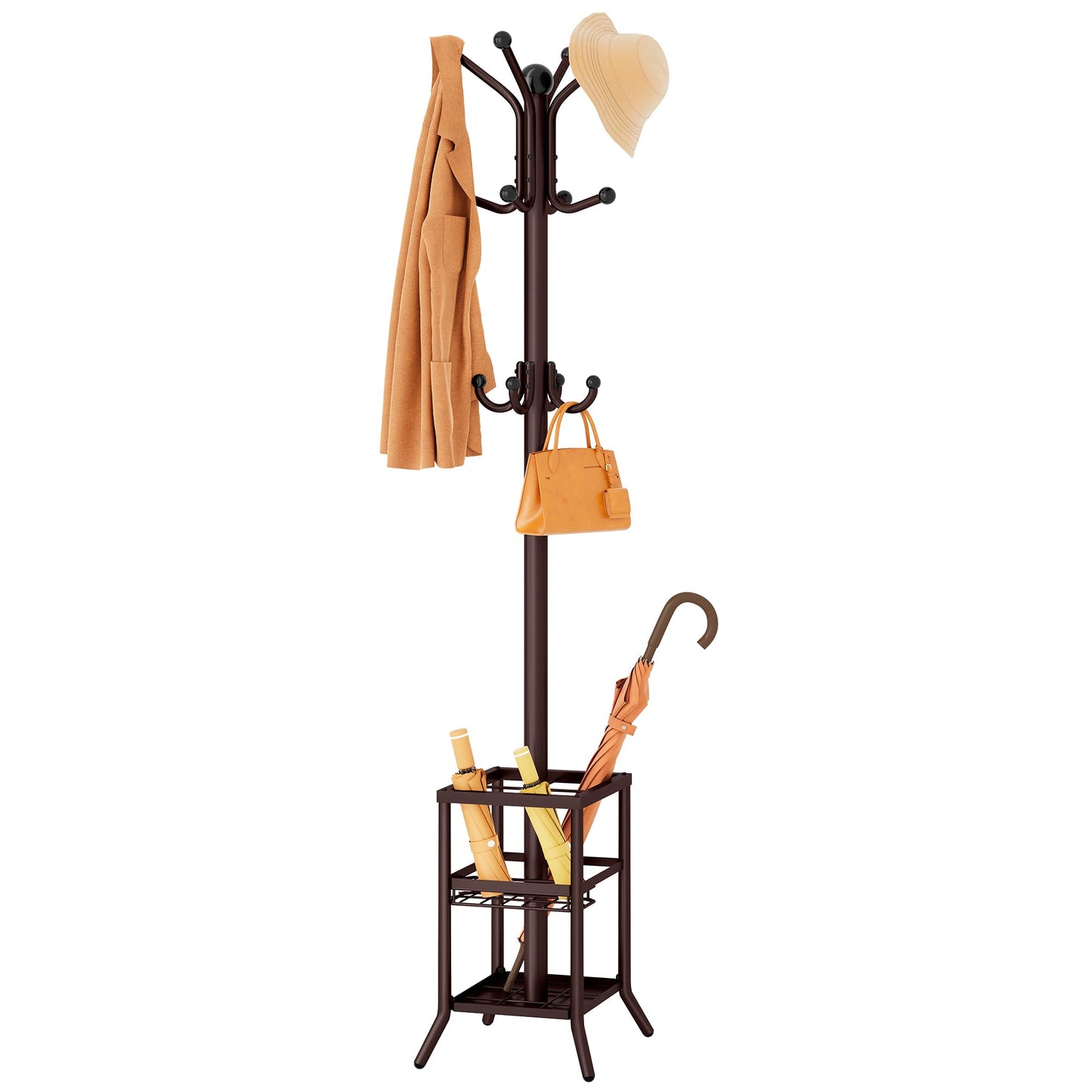 FAVOOSTY Coat Stand Coat Rack with 12 Hooks, Free standing Clothes Clothing Rack with Umbrella Holder, Hats