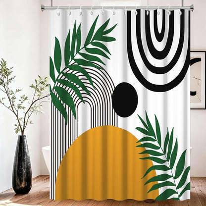 Xiaoterna Boho Shower Curtain Rustic Black Arch Lines Green Leaves Bathroom Curtain Retro Abstract Sun Leaves Lines White Waterproof Machine Washable