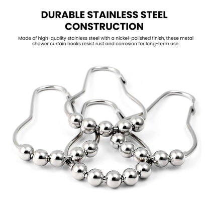 12 PCS Shower Curtain Hooks, Silver Stainless Steel Shower Curtains Rings with Roller Balls, Rust-Resistant, Heavy-Duty Closure