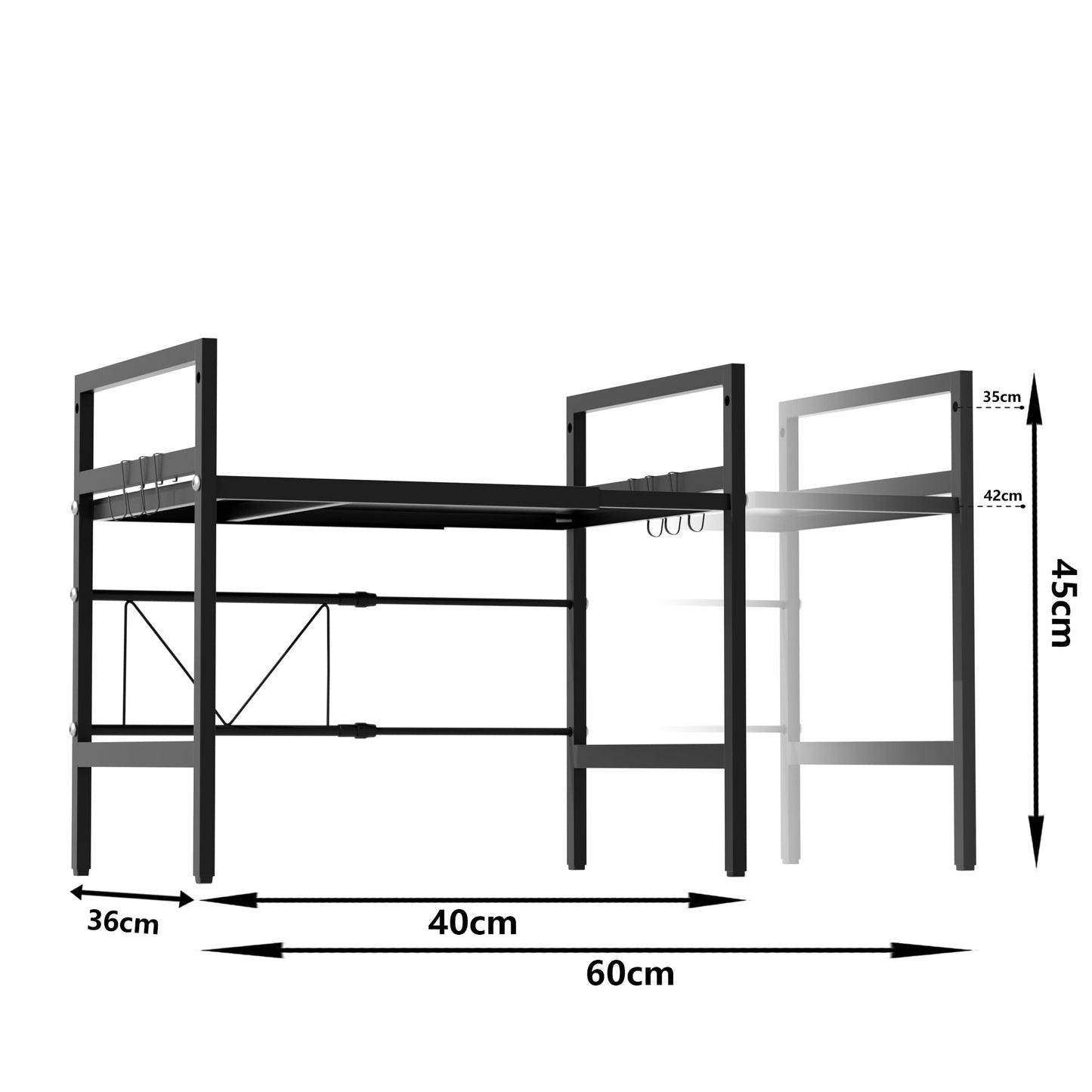 Furnestorica Retractable and Adjustable Microwave Rack, 2-Layer Microwave Shelf Made of Carbon Steel, Robust Holder with 6 Hooks