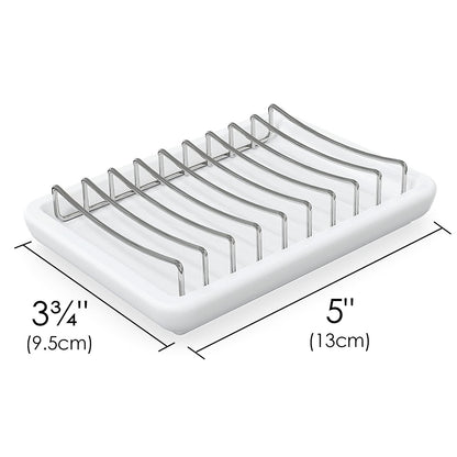 Linkidea Ceramic Soap Dish with Removable Stainless Steel Wire Rack, Double-Layer Bar Soap and Sponge Holder with Drip Tray for Bathroom Sink and
