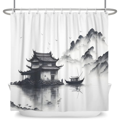 SDOTPMT 105x160cm Lake Mountain Shower Curtain Smokey Mountain Boat Wild Nature Bathtub Countryside Scenery Photo Artwork Bath Curtain for Bathroom