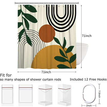 Hnmdmyi Boho Shower Curtain 180x180, Mid Century Abstract Arch Sun Green Leaf Beige Bathroom Curtains Modern Minimalist Aesthetic Art Waterproof