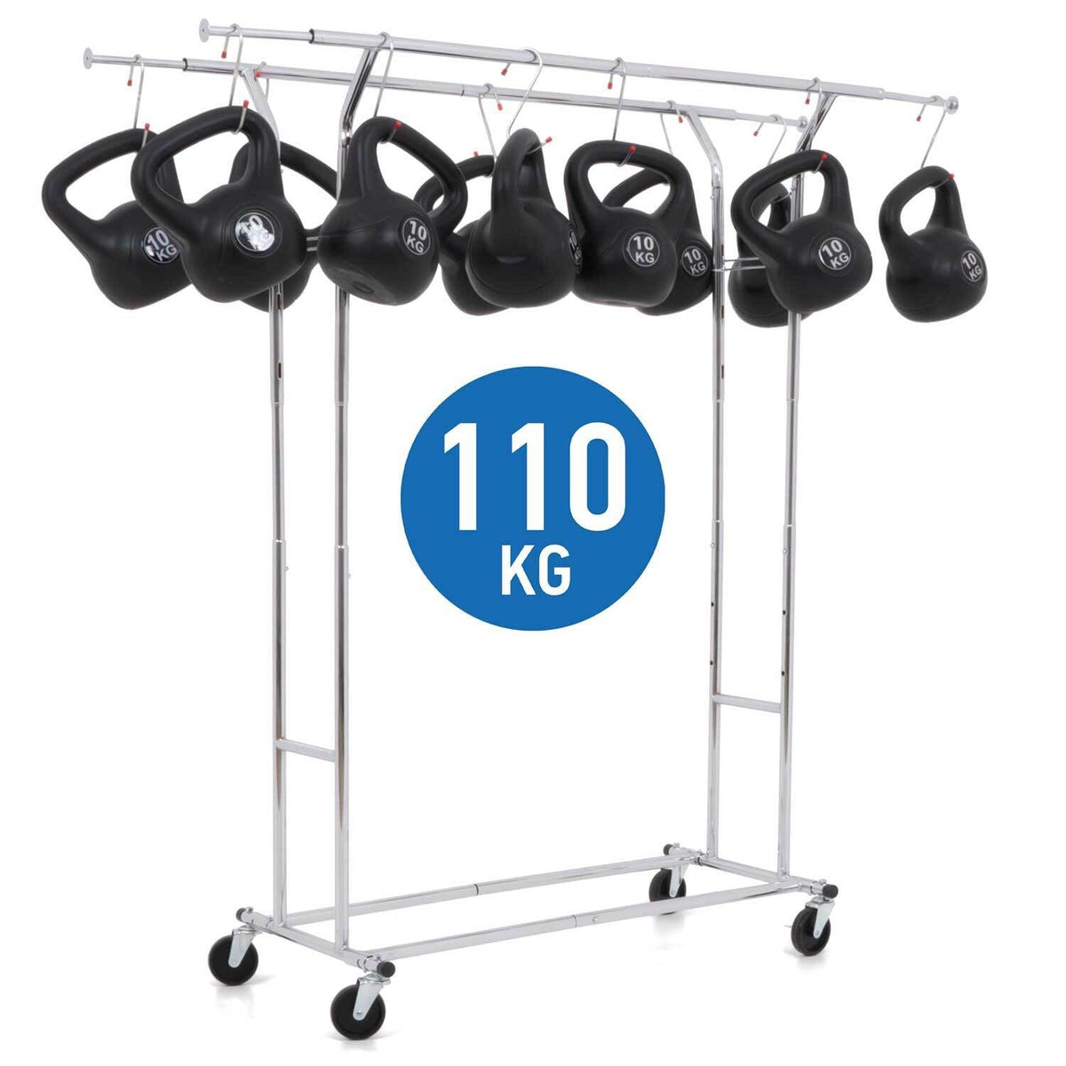 Tatkraft Denver - Heavy Duty Double Clothes Rail on Wheels, Holds Up to 242 Lbs (110 Kg), SET UP WITHIN 1 MINUTE, Chromed steel