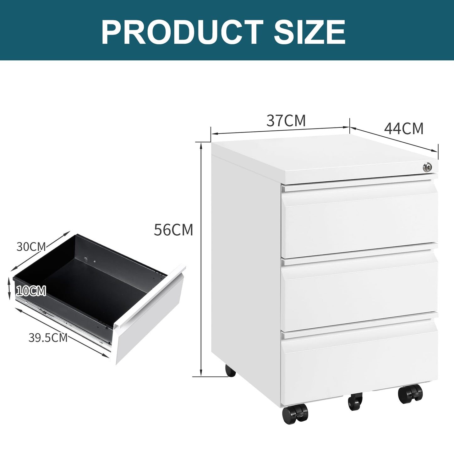 LVSTEEL Mobile Filing Cabinet, Under Desk 3-Drawer Lockable Cabinet with Wheels, Filing Cabinets for Home Office, Pre-Assembled, White