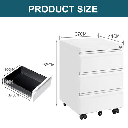 LVSTEEL Mobile Filing Cabinet, Under Desk 3-Drawer Lockable Cabinet with Wheels, Filing Cabinets for Home Office, Pre-Assembled, White