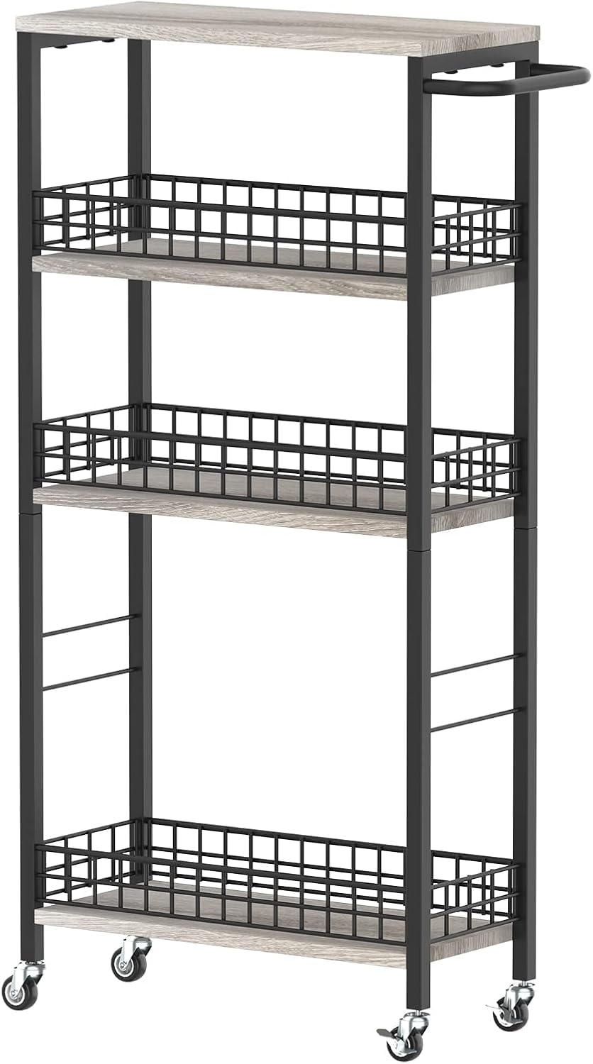 CADUKE 4 Tier Slim Storage Trolley, Narrow Kitchen Trolley on Wheels, Utility Rolling Cart with Wooden Table Mobile Shelf Unit Bathroom Storage