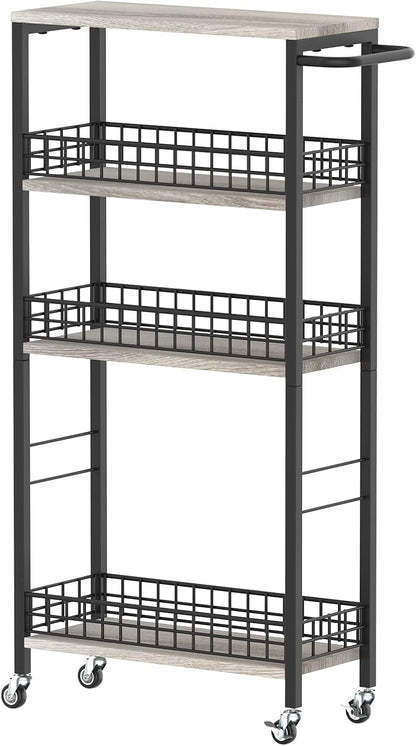 CADUKE 4 Tier Slim Storage Trolley, Narrow Kitchen Trolley on Wheels, Utility Rolling Cart with Wooden Table Mobile Shelf Unit Bathroom Storage