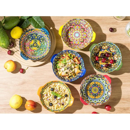 Henten Home Bowls Set, Porcelain Salad Bowl with Handles, Colorful Serving Plates 6pcs - 17.5Oz, Ceramic Bowls for Cereal Soup Salad - Bohemian Style