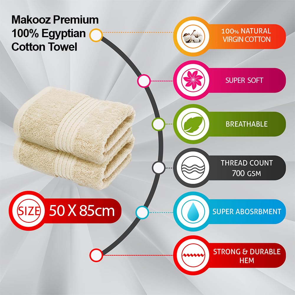 Makooz Premium 700 GSM Hand Towels for Bathroom 2 Pack – 100% Natural Ring-Spun Egyptian Cotton – Luxurious Ultra Soft, Quick Dry, Absorbent