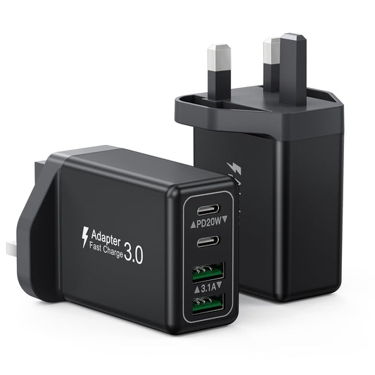 2-Pack USB C Plug, 40W 4-Port USB Charger Plug Fast Charge UK, Dual USBC Power Adapter+ QC USB Wall Plug, Mutil Type C Charging Plug for iPhone 16 15