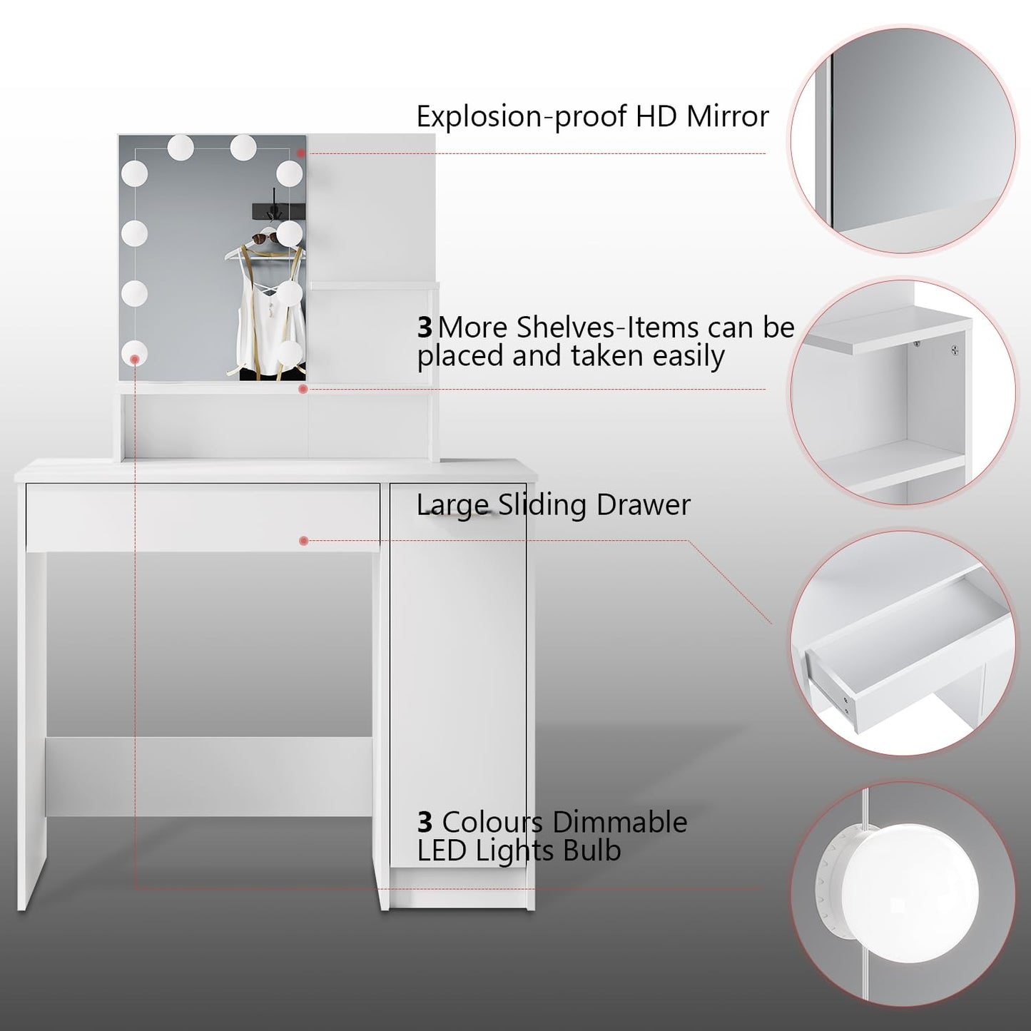 ZANOFIRA Dressing Table with Mirror, 3 Colors LED Lights with Adjustable Brightness