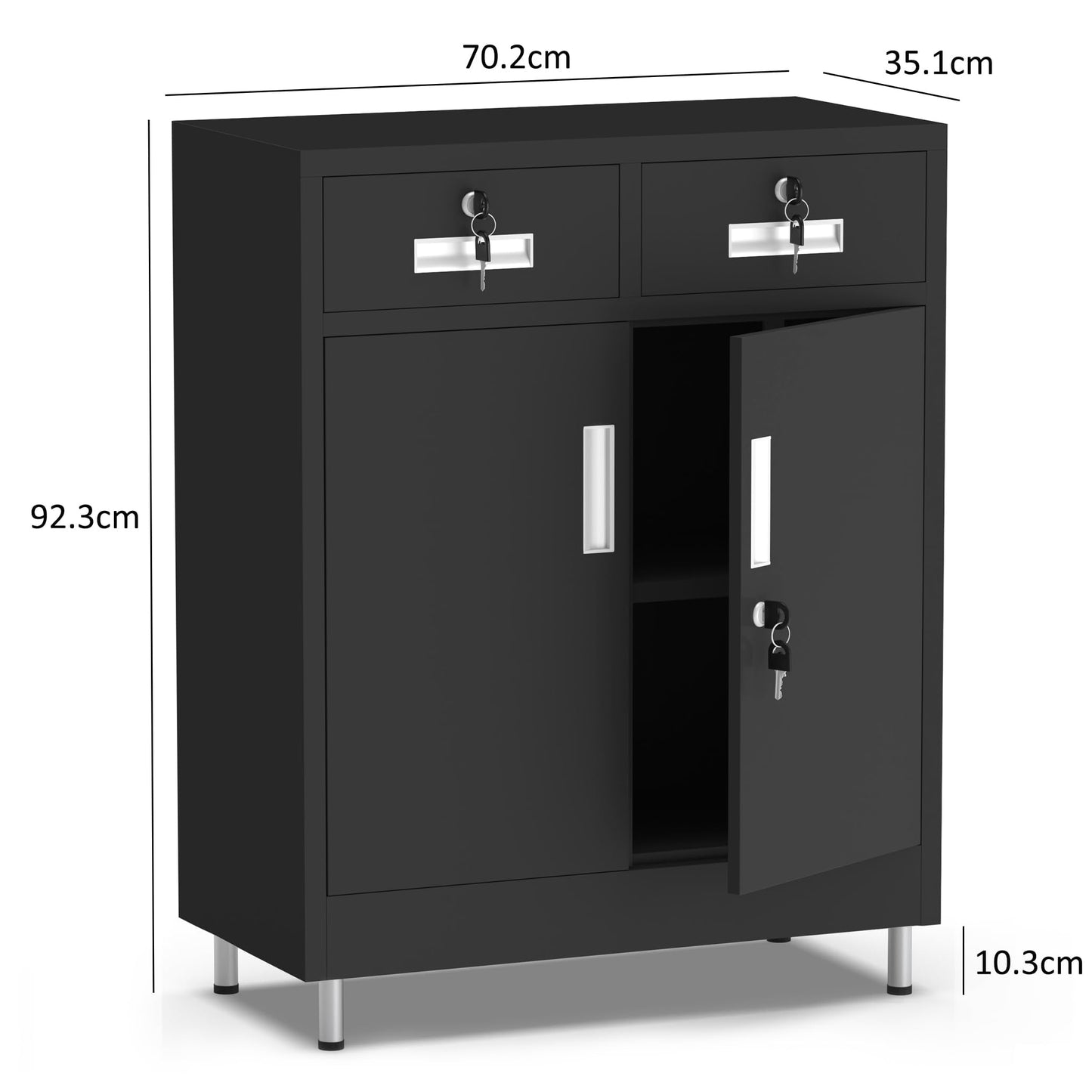 JINGUR Metal Storage Cabinet with Locking Doors and 2 Drawers (Black)