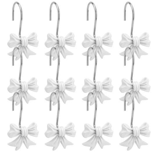 12pcs Bow Knot Shower Curtain Hooks, Decorative Bathroom Bow Hangers Cute Metal Curtain Rings for Bathroom Baby Room Nursery Art Decor (White)