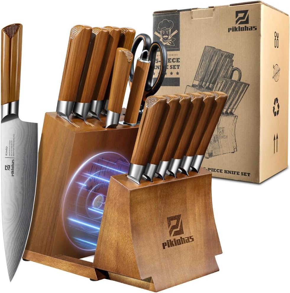Kitchen Knife Sets with Block, Piklohas 15 Pieces Knife Sets with Magnetic Detachable Knife Holder, High Carbon Steel Damascus Pattern Chef Knife Set