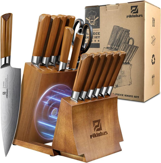 Kitchen Knife Sets with Block, Piklohas 15 Pieces Knife Sets with Magnetic Detachable Knife Holder, High Carbon Steel Damascus Pattern Chef Knife Set