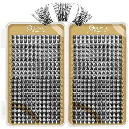 Cluster Lashes 480 Pcs QUEWEL Individual Eyelashes MIX10-18 D Curl DIY Lash Extensions Thin Band Lash Clusters Eyelashes Individual Volume False Eyelashes Soft & Light For Home Use（honey01 D MIX10-18）