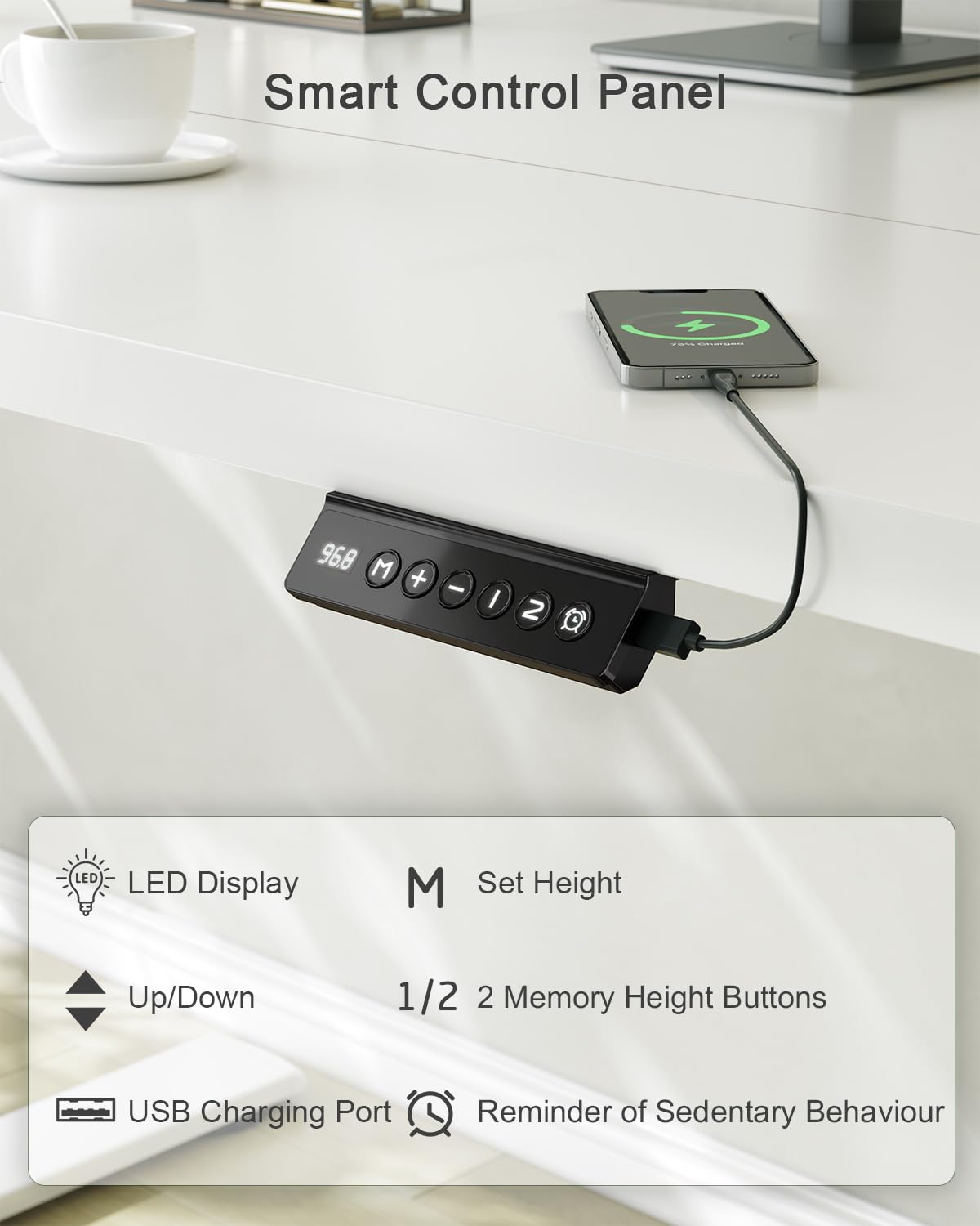 JUMMICO 100x60cm Electric Standing Desk with USB Charging Height Adjustable Desk with Sedentary Reminder Stand Up Desk with Splice Board for Home