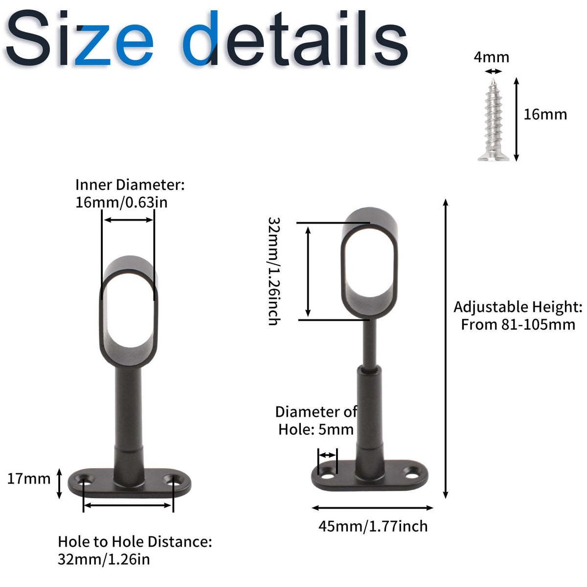 INCREWAY Oval Wardrobe Rod Support, Black Zinc Alloy Ends, Adjustable Hollow Rod Bracket, for Bedroom & Bathroom