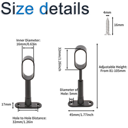 INCREWAY Oval Wardrobe Rod Support, Black Zinc Alloy Ends, Adjustable Hollow Rod Bracket, for Bedroom & Bathroom
