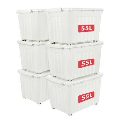 Cetomo 55L*6 Storage Boxes with Lids, Plastic Storage Box with Wheels and Secure Side Latches, Stackable & Nestable Organizer for Home, Office