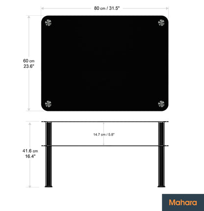 mahara Black Glass Coffee Table - Large side table with shelf and black aluminium legs - W80cm x D60cm x H41.5cm