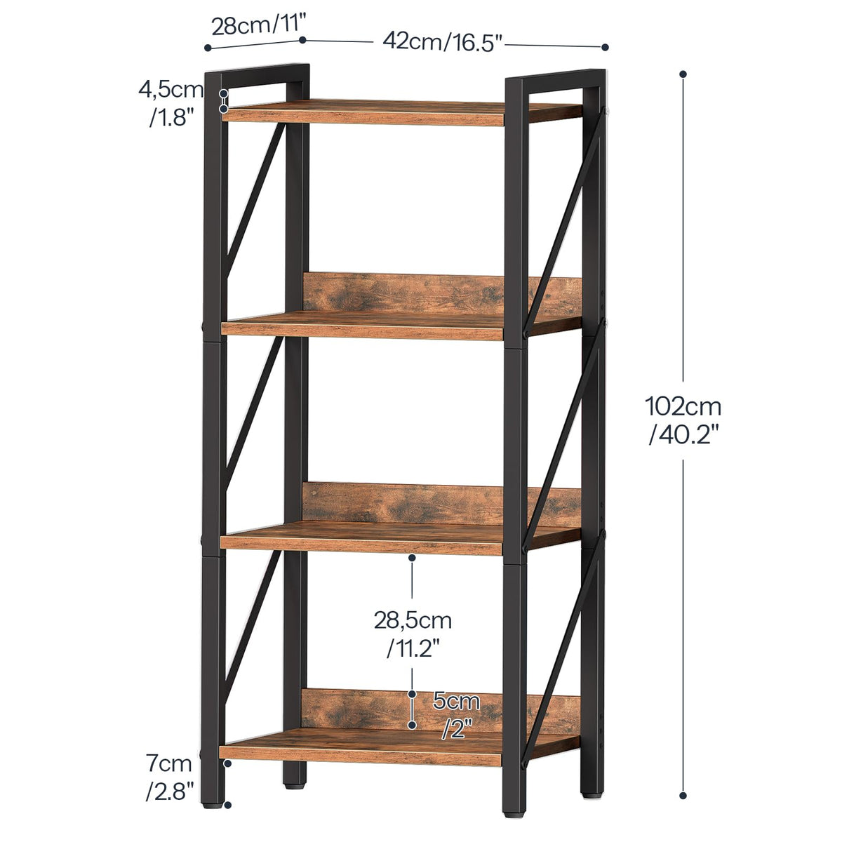 HOOBRO 4-Tier Bookshelf, Industrial Corner Bookcase, Display Rack, Metal Frame, for Living Room, Bedroom, Office, Kitchen, Entryway