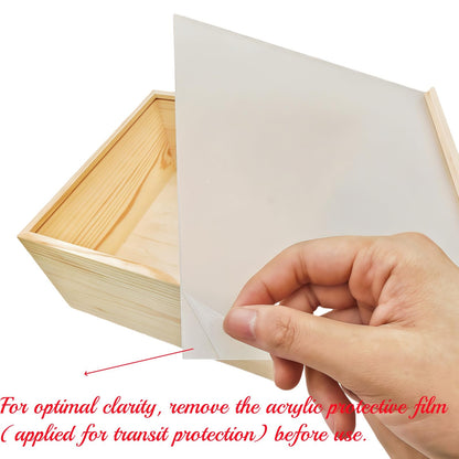 2 Pack Unfinished Wood Storage Boxes with Acrylic Slide Lid, Square Wooden Display Box for DIY Craft Storage and Decorative Organizer (20x20x10cm)