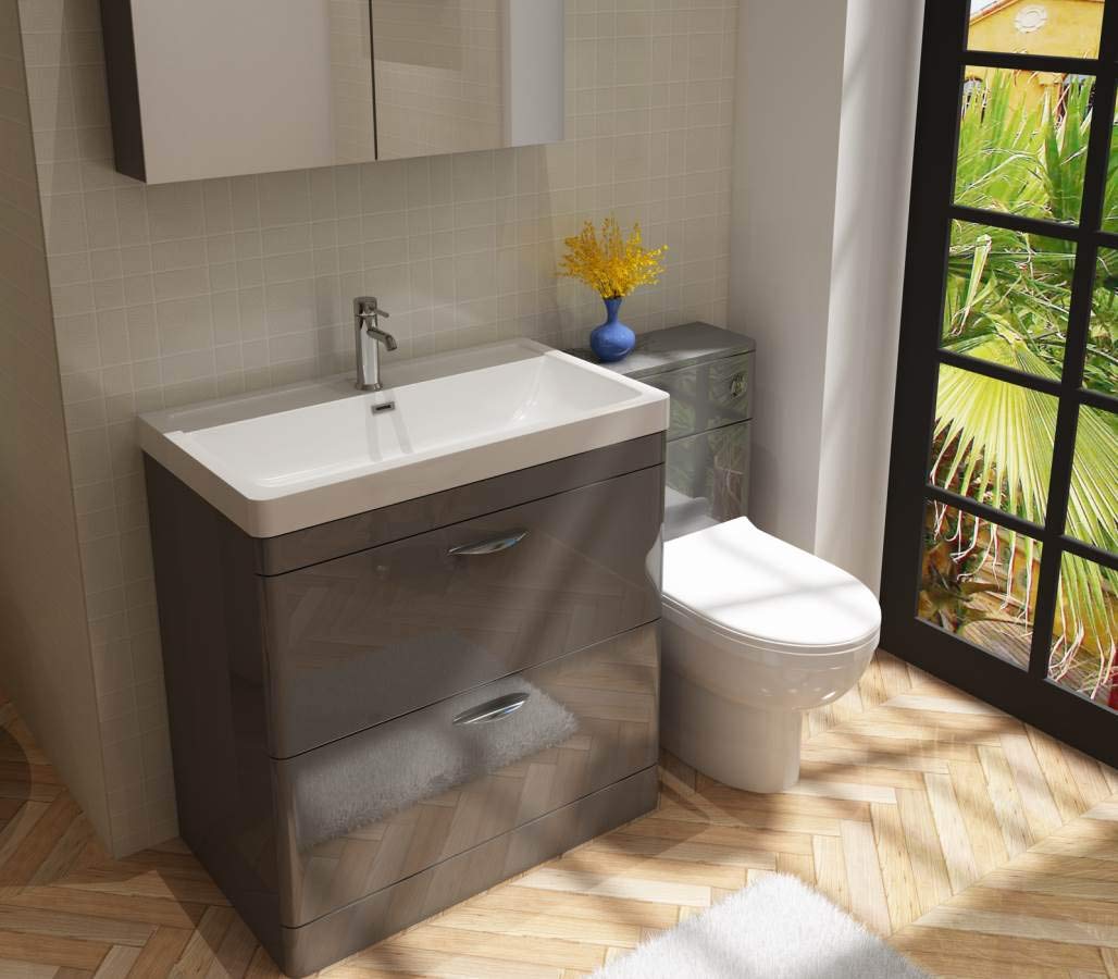 Cyrenne High Gloss Anthracite Grey Floor Standing Vanity Basin Storage Unit Cabinet & Polymarble Soft Edges Sink - 800mm