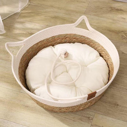 Rukuapid Rattan Cat Basket Bed with Cotton Cushion and Pillow, Wicker Kitten Basket with Toy Ball, Round Cat Beds for Indoor Cats Woven Cat Sleeping