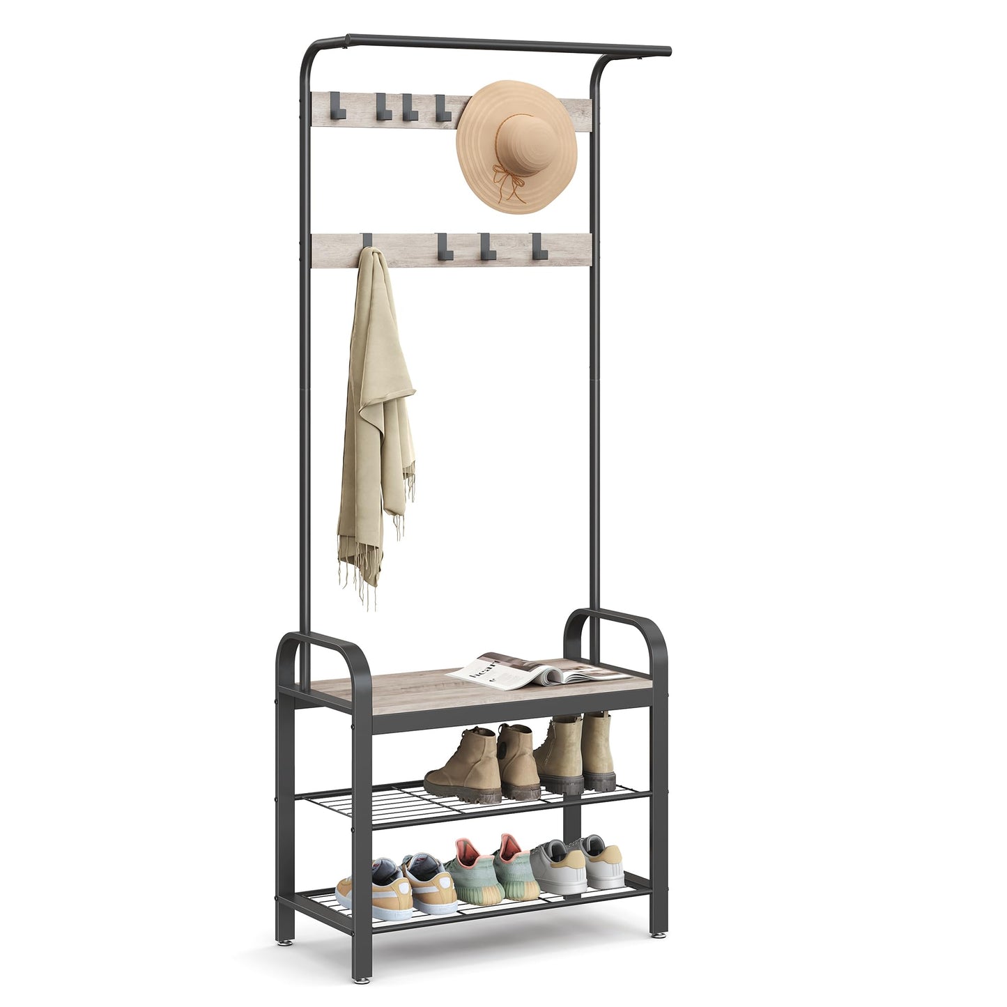 VASAGLE Coat Rack, Coat Stand with Shoe Storage Bench, 4-in-1 Design, with 9 Removable Hooks, a Clothes Rail, for Hallway, Entrance, 34 x 72 x 183 cm,