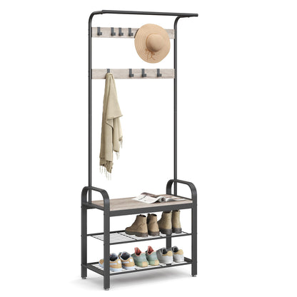 VASAGLE Coat Rack, Coat Stand with Shoe Storage Bench, 4-in-1 Design, with 9 Removable Hooks, a Clothes Rail, for Hallway, Entrance, 34 x 72 x 183 cm,